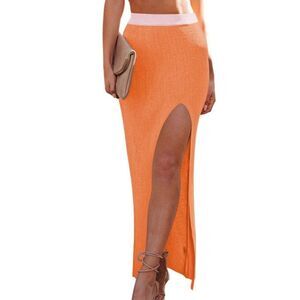 Women Long Skirt High Waist Bodycon Knit Skirt With One Side High Slit Stretchy
